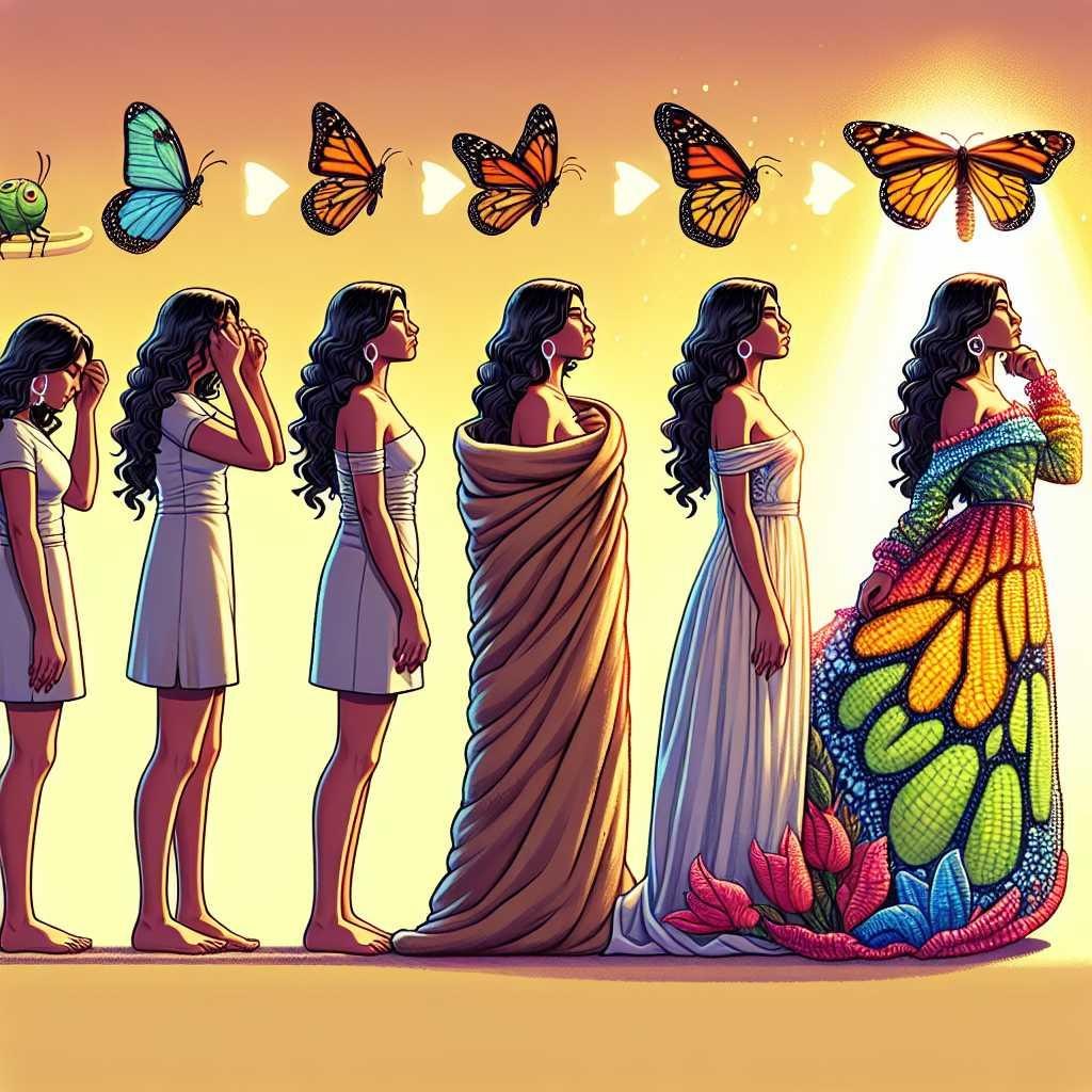 Una mujer atraviesa seis etapas, de la oruga a la mariposa, como metáfora de un proceso de cambio