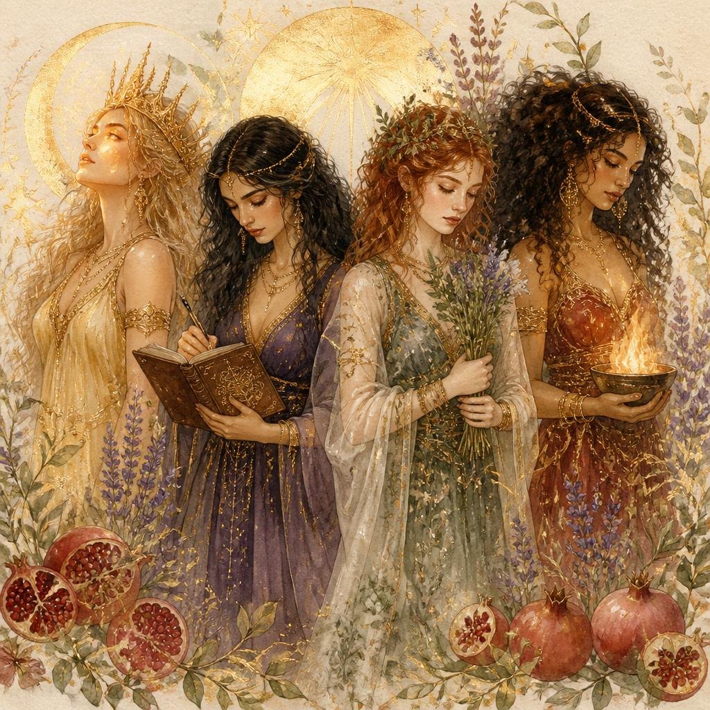 Acuarela dorada de cuatro diosas: Artemisa, Atenea, Perséfone y Hestia, entre lavanda y granadas