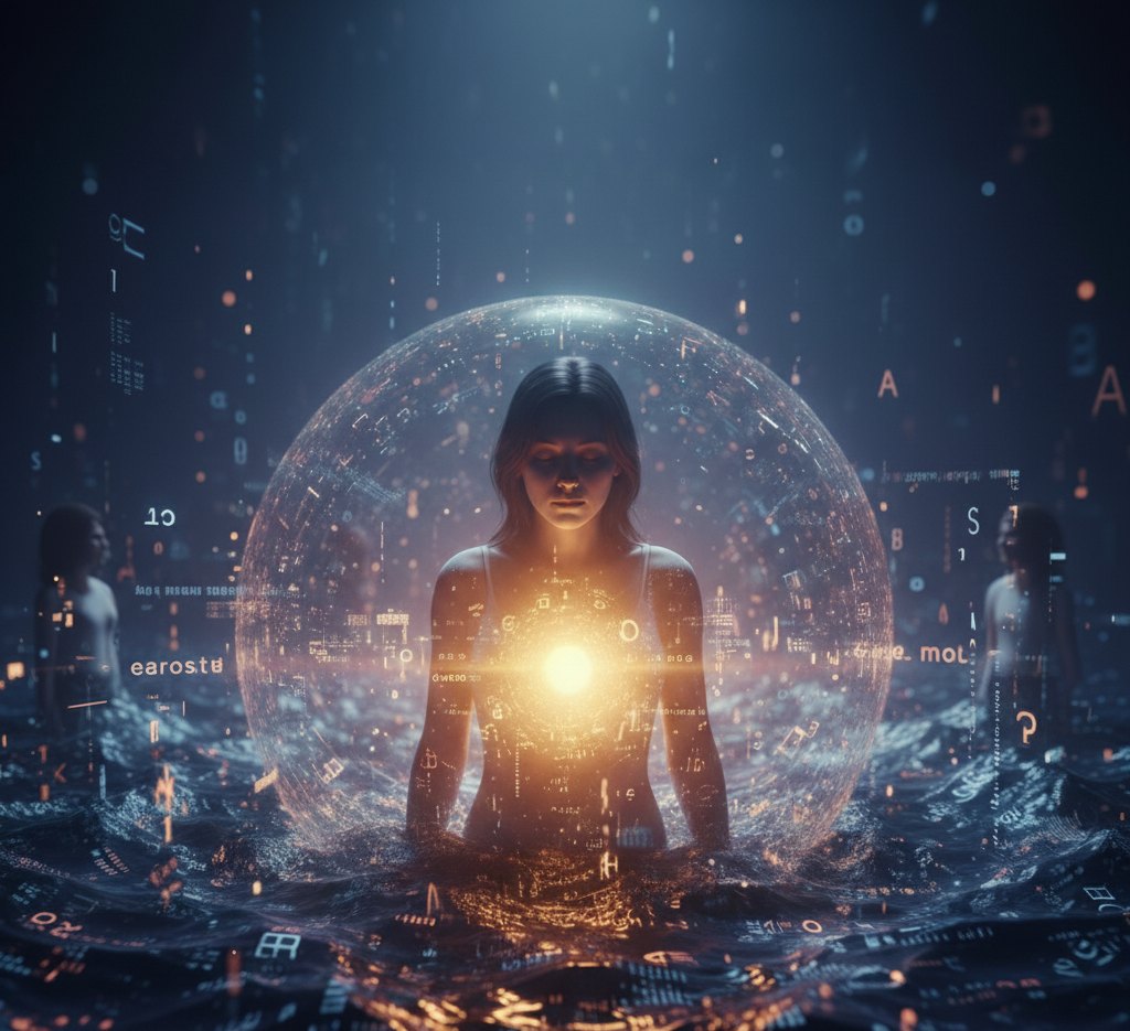 Una mujer dentro de una esfera de luz, rodeada de letras y símbolos que fluyen como agua