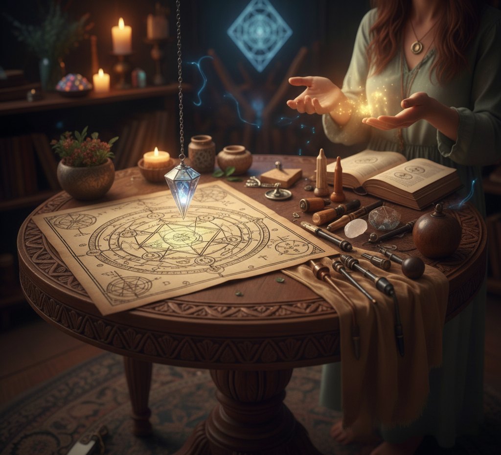 Mesa de trabajo con un péndulo de cristal sobre un gráfico de radiestesia, libros y herramientas